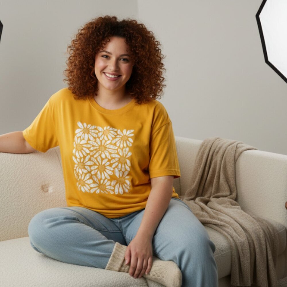 Women’s Yellow Floral Print T-Shirt 3XL Short Sleeve Crew Neck Casual Polyester